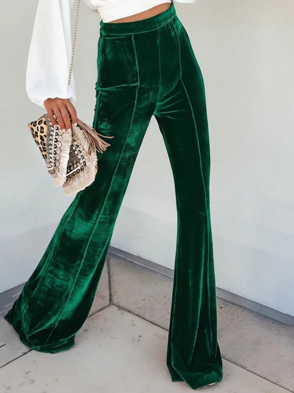 Green Elegant Women's Regular Fit High Waisted Velvet Flare Leg Pants